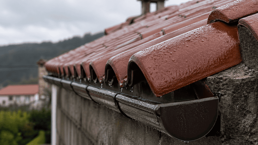 Tejado impermeabilizado en Galicia con gotas de lluvia sobre las tejas y canalón limpio